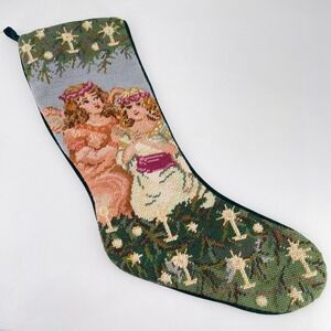 Needlepoint Christmas Stocking Angels Candles Wool Velvet Green 21 In